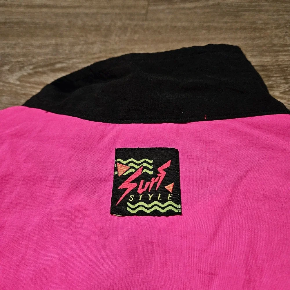 Vintage Surf Style Neon Pink Black Colorblock 1/4 Zip Windbreaker Jacket One Sz - Picture 12 of 14